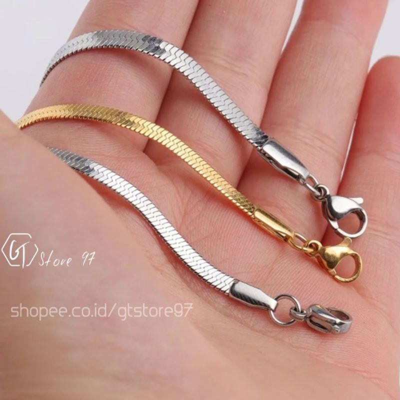 Kalung Titanium Pria Anti Karat Asli Cowok Cewek Silver Perak Emas Gold Flat Pipih Kilau Kalong Cowo Cewe Peria Anti Pudar