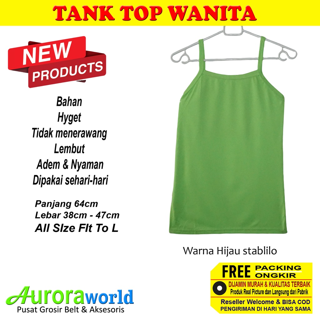 Auroraworld Tank Top tali kecil Tanktop dalaman wanita bahan Cotton Double Knit tidak menerawang, adem dan nyaman dipakai bisa COD