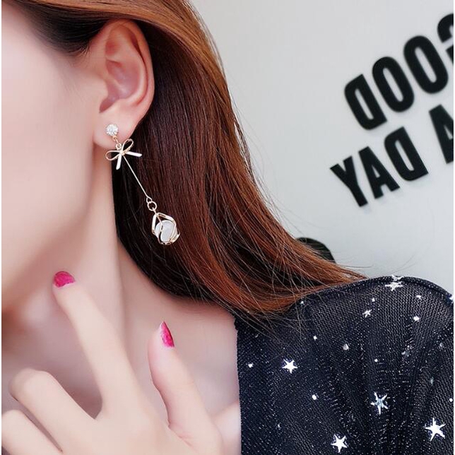 925 Silver Needle Bow Long Earrings Rhinestone Opal Earrings Temperament Round Face Thin Earrings