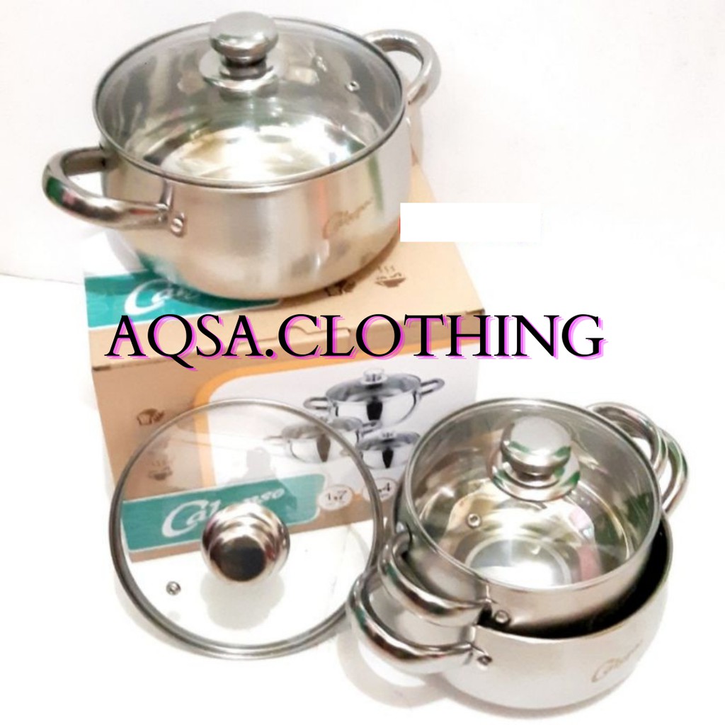 (TERMURAH) Panci Calypso Set Stainless Steel 3pcs dengan Tutup kaca/Panci Soup