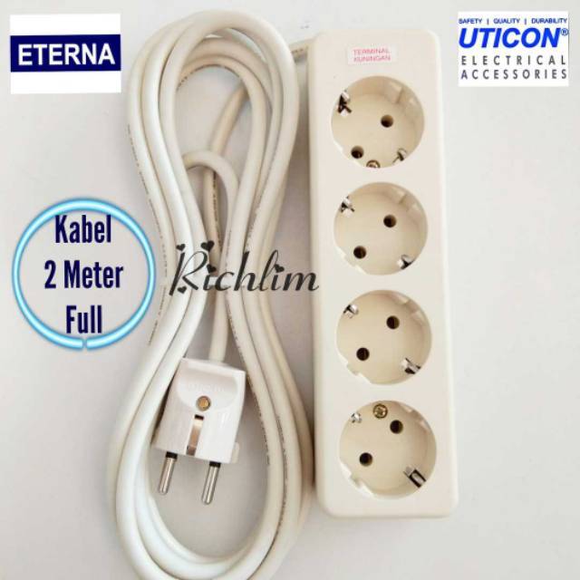 COLOKAN LISTRIK/STOP KONTAK UTICON 4 LUBANG + 2 METER KABEL TEMBAGA ETERNA + STEKER ARDE UTICON