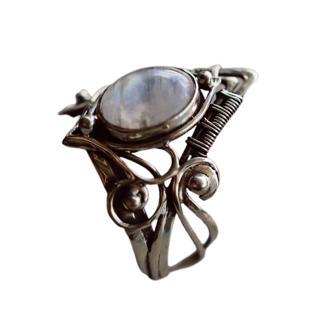 Hu Hu Hu Hu Hu Alat Bantu Pasang Kacamata♡ Cincin Model Hollow Aksen Batu Bulan Warna Silver Gaya Punk Untuk Wanita