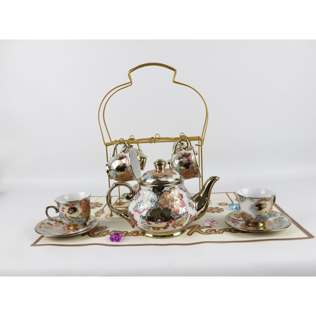 TEKO CANGKIR SET 12pc + RAK / TEA SET MOTIF BUNGA