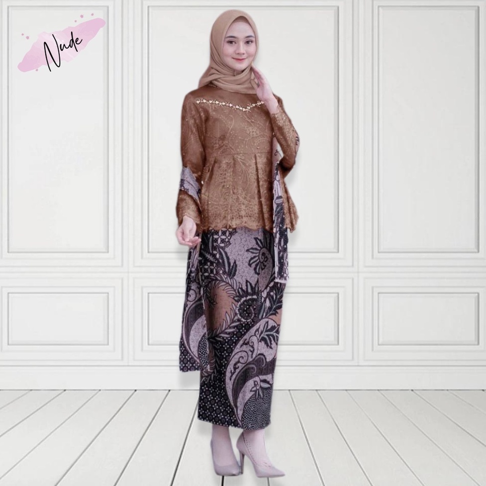 Set Kebaya Asyifa - Kebaya Modern Kebaya Couple Tunangan Lamaran Baju Wisuda Batik Brukat Terbaru-Kebaya +Rok (Nude)