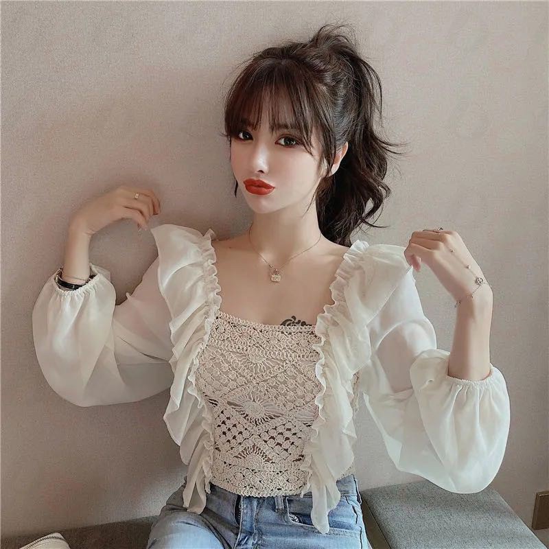 【COD√】#004 Kemeja Wanita Model Hollow Dan Ruffle Lengan Puff Dengan Kerah Persegi-1