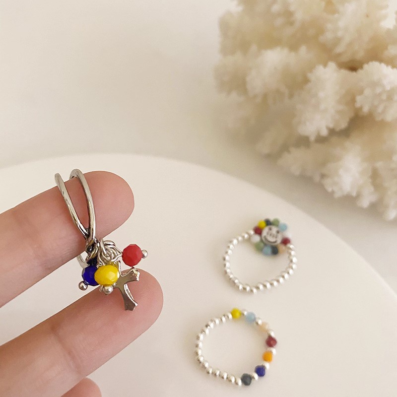 Cincin Manik-Manik Desain Smiley Warna Permen Untuk Wanita