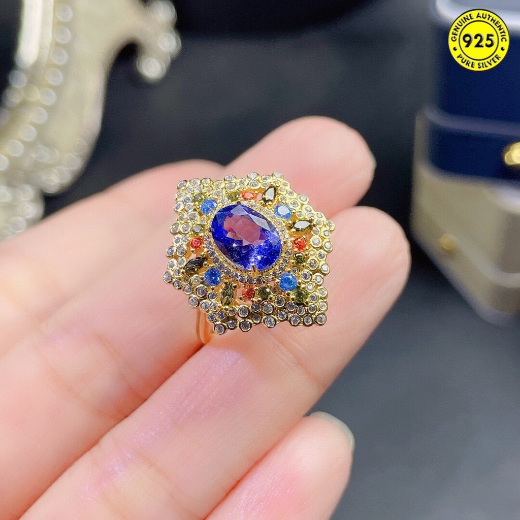 Cincin Model Terbuka Hias Batu Permata Tanzanite Ukuran Besar Gaya Mewah