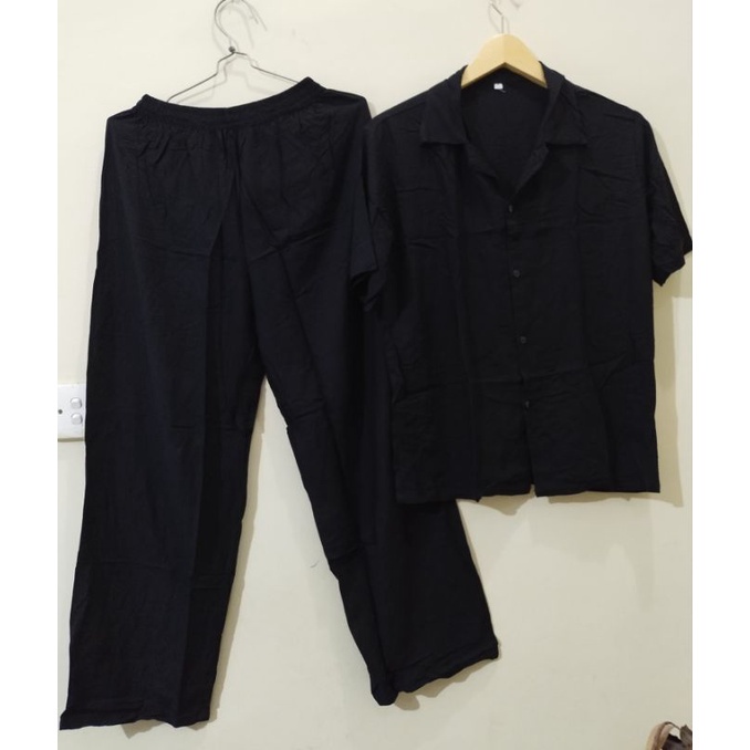 One Set Setelan Tie Dye Bali Kemeja Lengan Pendek - ONE SET Piyama Tie Dye Wanita & Pria GROSIR-GKS HitamPolos2