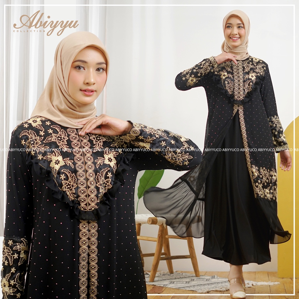 Abiyyuco GL1082 | abaya turki hitam terbaru mewah turkiy 2022 terbaru turkey hitam busui, bahan jersey dan ceruty, ready size M, L, XL, XXL. Apikasi bordir renda (bordir tempel) dan mote swarovsky (mote tempel/press)