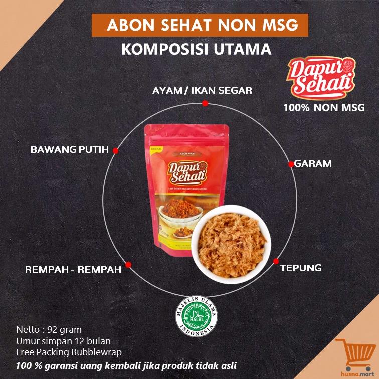 Abon Ayam - Ikan Tuna - Cakalang - Lele Original Tanpa Pengawet - isi 92 gram - Dapur Sehati Asli Alami - Non MSG Lauk Bergizi Sehat