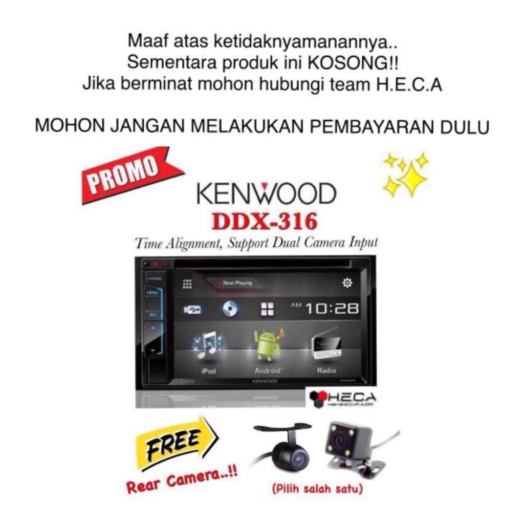 Paket Audio Mobil Kenwood DDX-316 Tape Headunit DDX316   Kamera Mundur