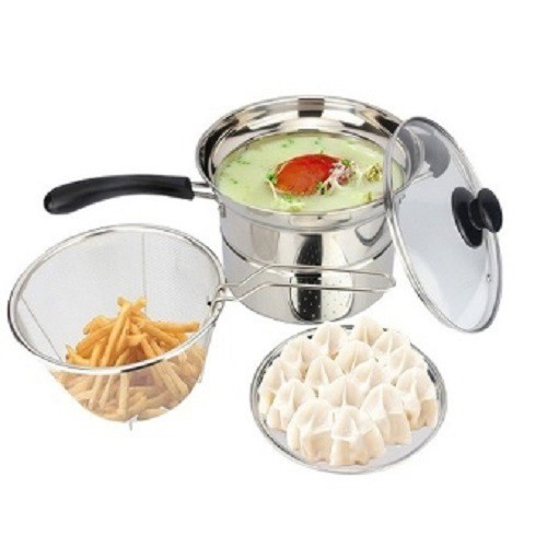 Panci Deep Fryer Stainless Multifungsi - 22 cm 3 in1 Bisa untuk Menggoreng, Merebus, dan Mengukus