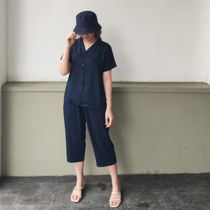 SETELAN KULOT RAYON MIRELLA SETELAN KEMEJA KULOT RAYON WANITA PREMIUM - Biru