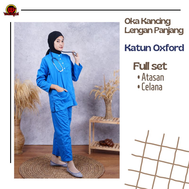 FREE BORDIR!!! Baju Ok Oka Kancing Lengan Panjang | Baju Jaga Medical Scrub Dokter Perawat Nakes