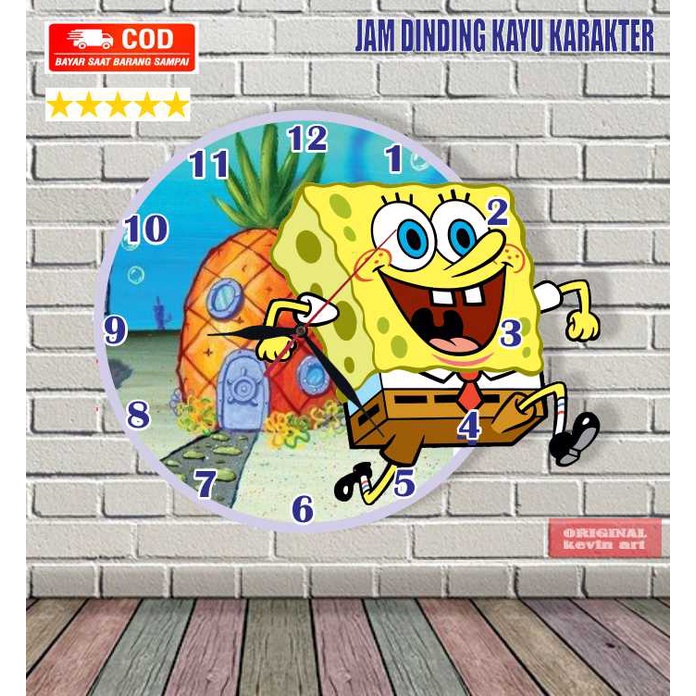 JAM DINDING KAYU UNIK BESAR KARAKTER GAMBAR SPONGEBOB MURAH