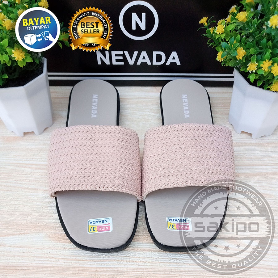 PROMO 8.8 !! SANDAL SLOP WANITA DEWASA NEVADA RAJUT MURAH KEREN TRENDI NYAMAN DIPAKAI / SAKIPO-SR-01 - Krem
