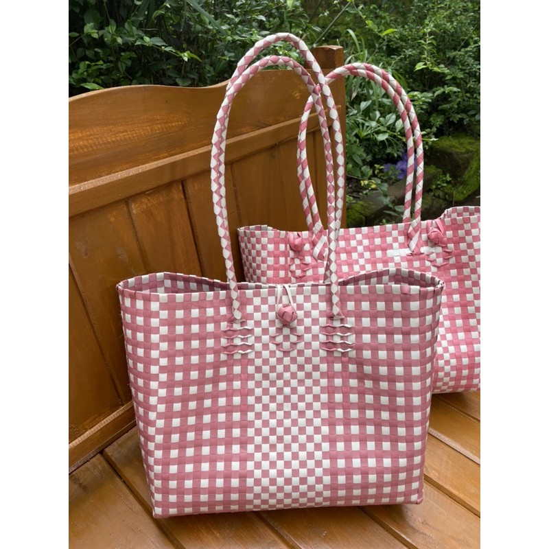 Tas Anyaman plastik / Tas Pasar / Tas Belanja / Tas Souvenir / Hampers / Tas Varian Pink READY STOK