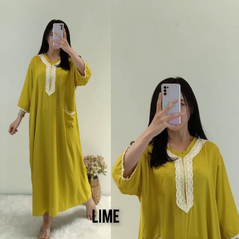 Daster BUSUI Arab Kekinian Tangan 3/4 (aisyah) / Daster Muslim Renda Jumbo LD 120 cm / Daster BUSUI /Daster kekinian /Daster Renda-LIME