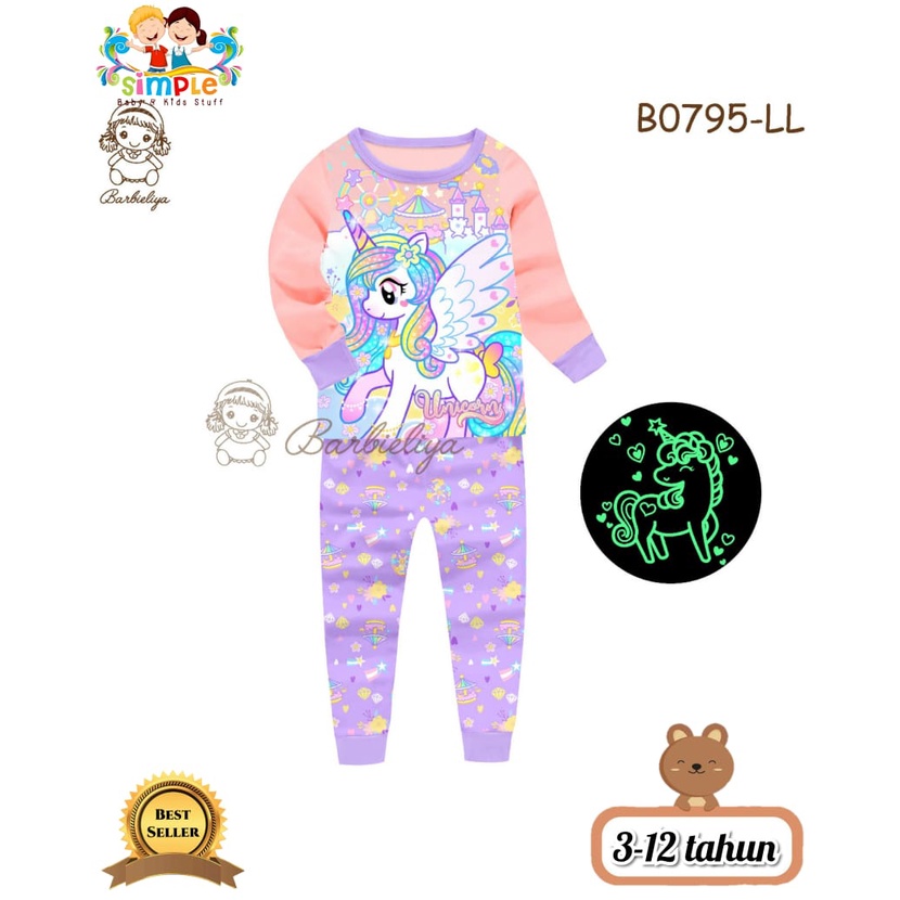 Setelan Baju Tidur Anak/Piyama Anak Perempuan Import Barbieliya Unicorn Pink Usia 3-12 Tahun