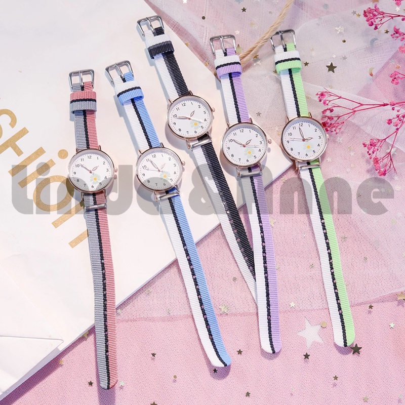 Jam Tangan Analog Wanita Gaya Korea Strap Canvas Warna-Warni Dial Bulat Motif Bunga Daisy