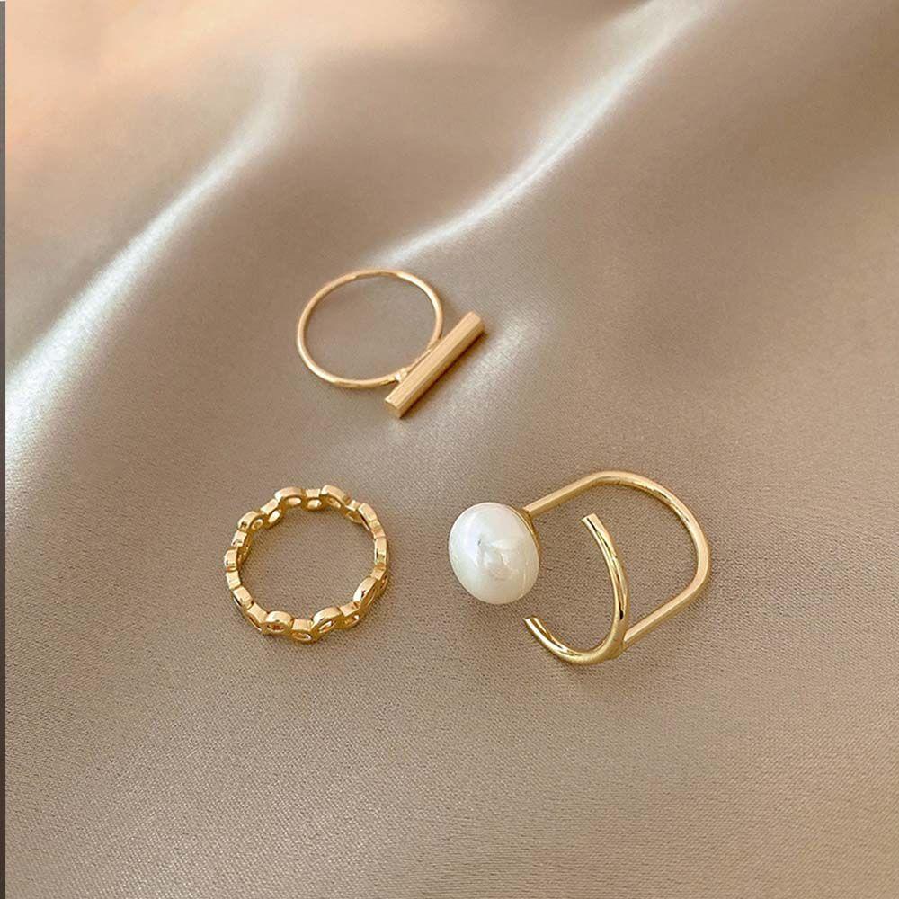 3pcs / set Cincin Jari Bahan Alloy Aksen Mutiara Gaya Korea Untuk Wanita