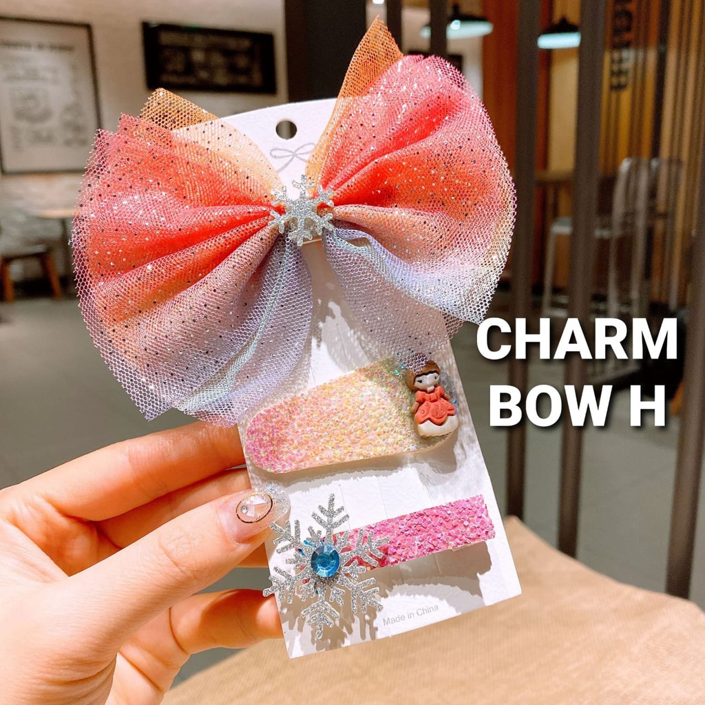JEPIT RAMBUT ANAK KOREA PRINCESS AURORA / JEPITAN RAMBUT RAINBOW / CHARM BOW SET ISI 3 PCS PINK PITA