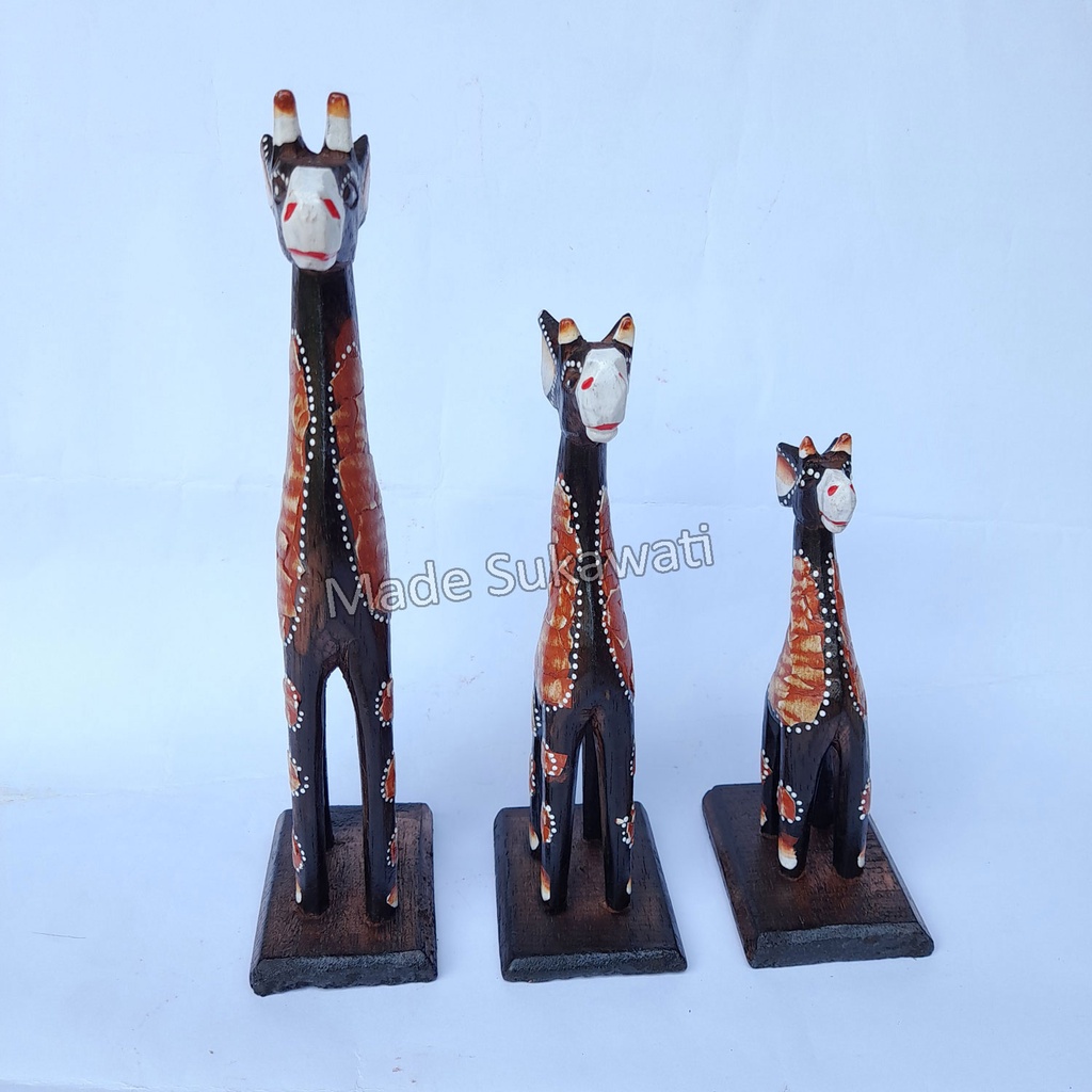 Kerajinan patung jerapah kayu isi 3pcs hiasan dekorasi handmade Bali