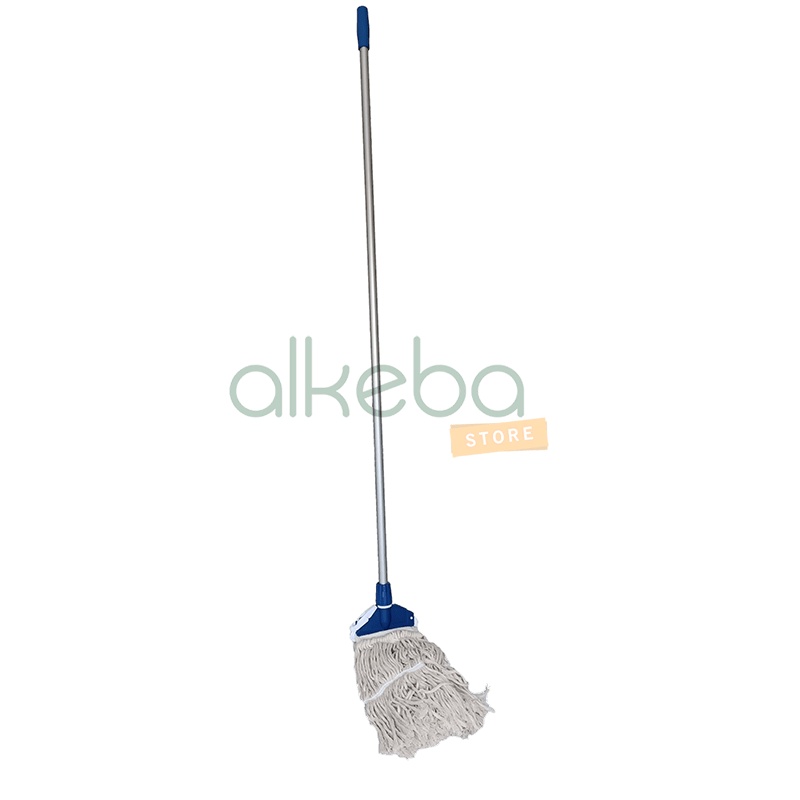 Mop Pel Set complete tangkai aluminium hand grip biru + frame mop holder biru + kain refill mop putih