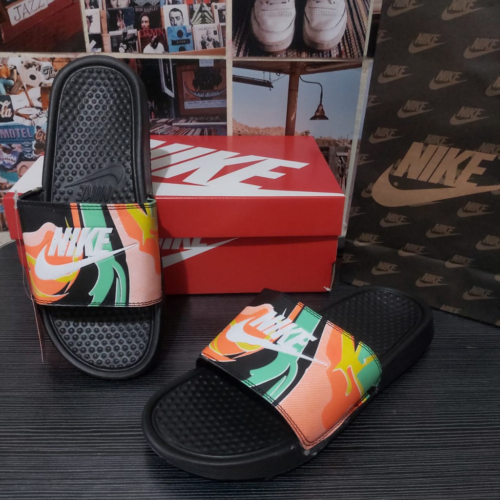 Sendal Nike Benassi Swoosh ORIGINAL Flip  Sandal Flop Bunga Black Selop Floral Mawar Slop Slide