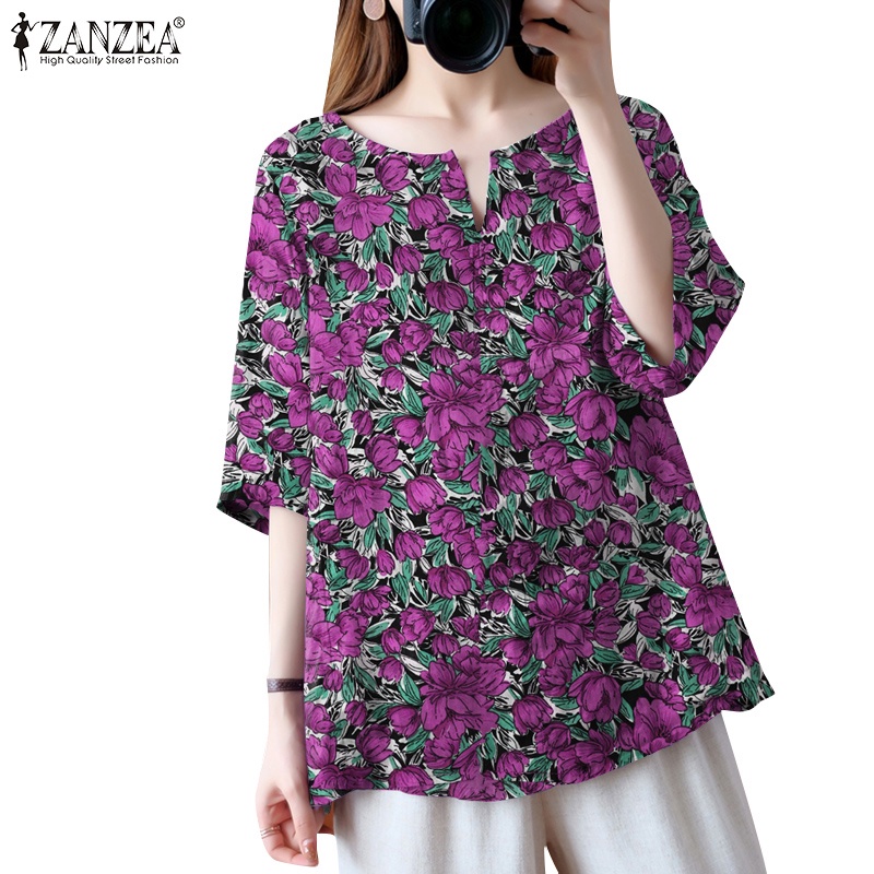 ZANZEA Women Floral Printed Shirts Round Neck Ladies Cocktail Party Blouse