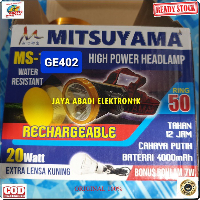 G402 MITSUYAMA LED LAMPU SENTER KEPALA CAS CASAN HEADLAMP HEAD BATERAI PUTIH KUNING LED SINAR CAHAYA TERANG RECHARGEABLE TAHAN AIR WATERPROOF BATERAI CHARGER MULTI UNIVERSAL TAHAN 12 JAM BONUS LAMPU GANTUNG LED WARNA LAMPU BISA GANTI PUTIH ATAU KUNING