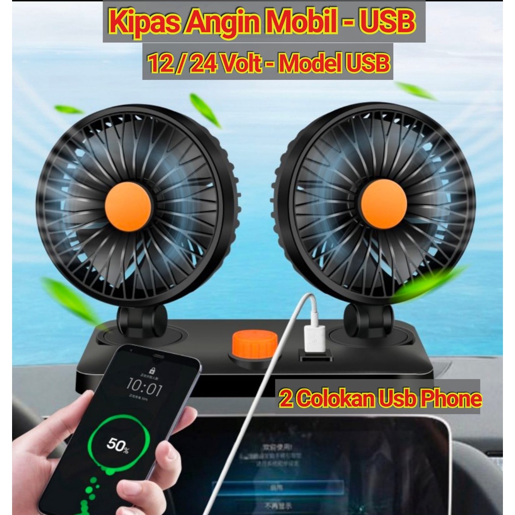 Kipas Angin Mobil 12 Volt 24 Volt / Double Fan Car USB Kipas Mini USB