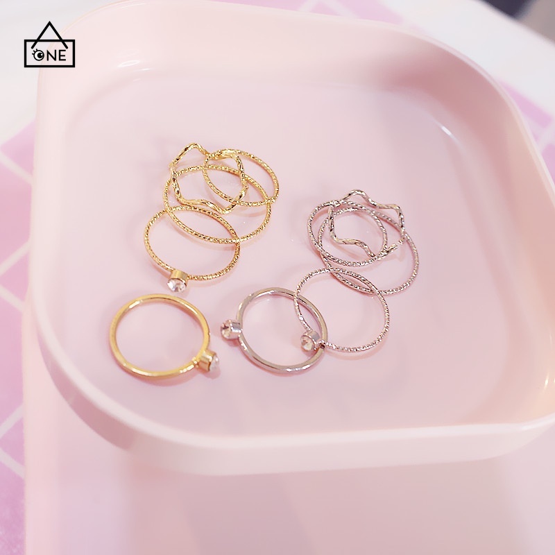 COD❤5Pcs / Set Cincin Korea Jari Aneka Bentuk Warna Silver untuk Wanita cincin anak perempuan A one