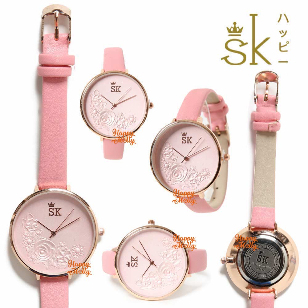 SK Mawar 3D [ Pink ] Jam Tangan Water Resistant Wanita Fashion Strap Leather - SK_814