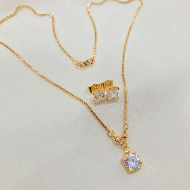 Set Kalung Anting Zircon Mata Satu Lapis Emas 24Karat Asesoris Perhiasan Wanita Korea Import Premium