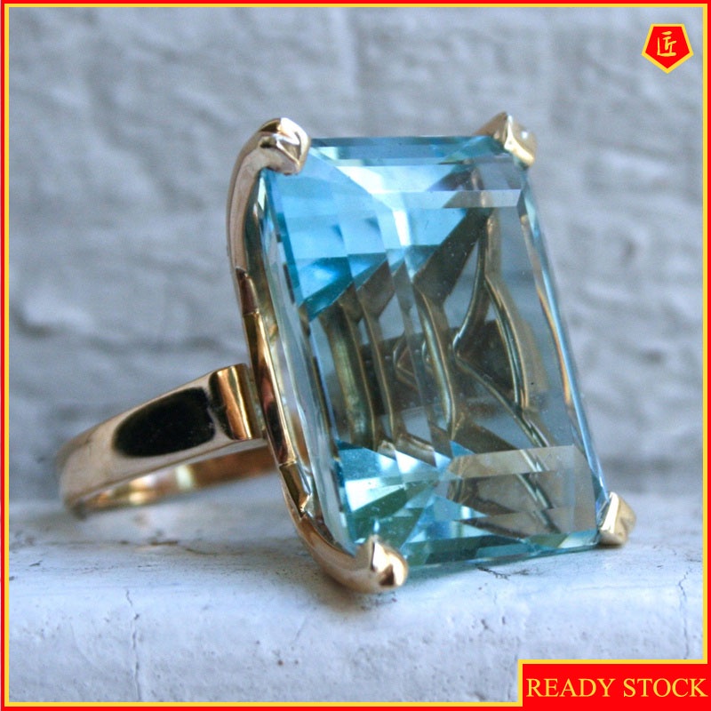 [Ready Stock]Inlaid Topaz Sea Blue Square Diamond Ring Fashion Personality