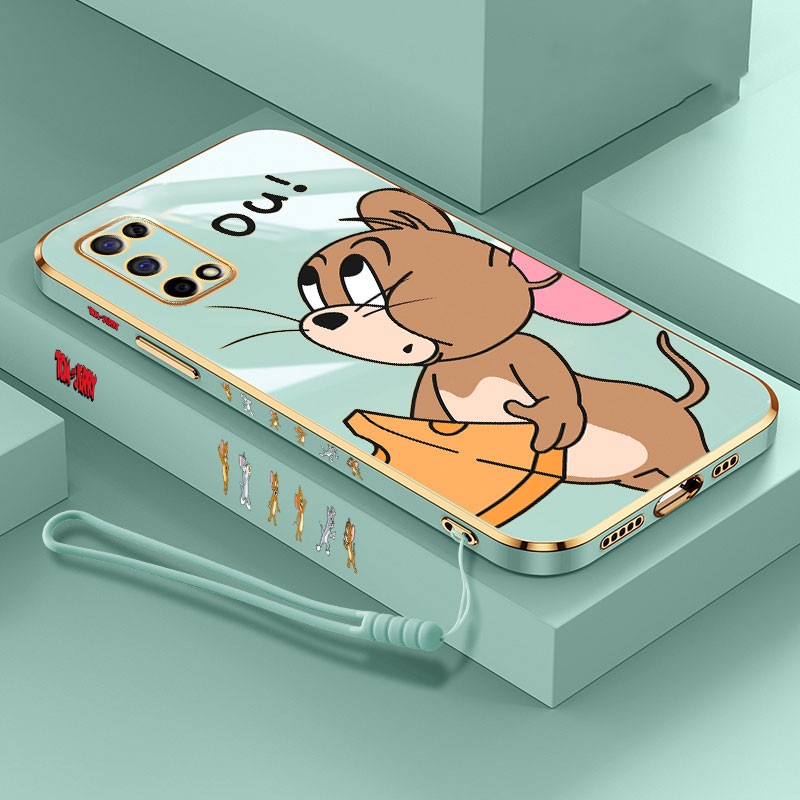 Cartoon plating Soft Lanyard Phone Case For OPPO A53 A31 A5 A9 2020 A15S A92 A54 A5S A12 A15 A52 A11K Tom&amp;Jerry Luxury Cartoon Soft Electroplate Lanyard cover couple