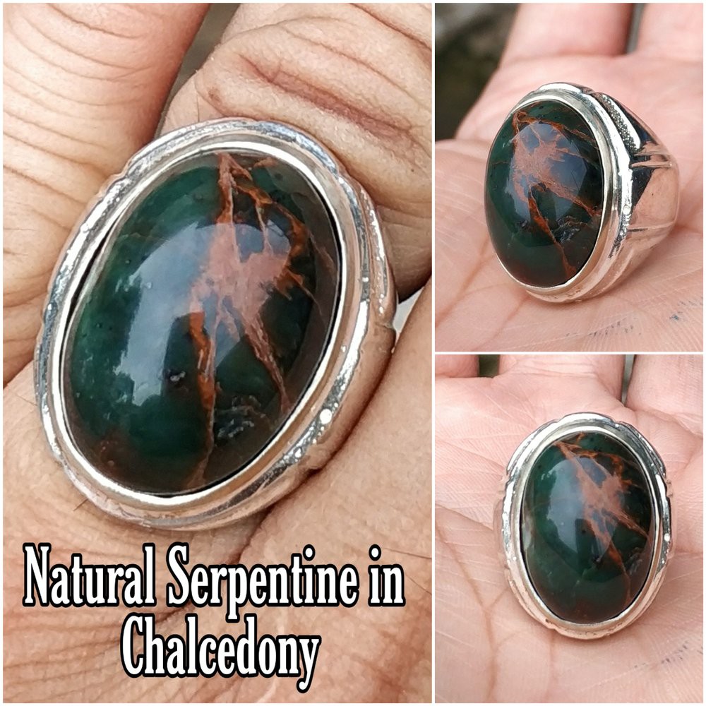 CINCIN BATU AKIK NATURAL GREEN SERPENTINE IN CHALCEDONY