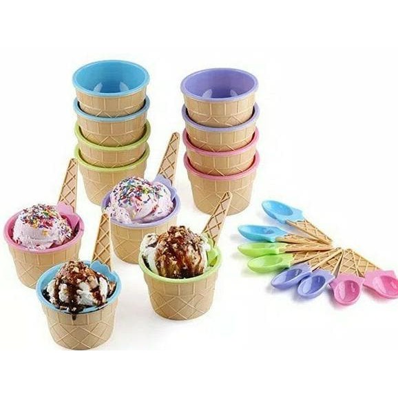 Mangkok Es Krim Mangkuk Cemilan Ice Cream Bowl Set Mangkok Sendok Plastik Cute Cone WARNA Lucu