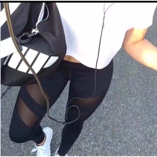 TBI Import Sport Legging Double Stripe Mesh High Waist Celana Fitnes Jala