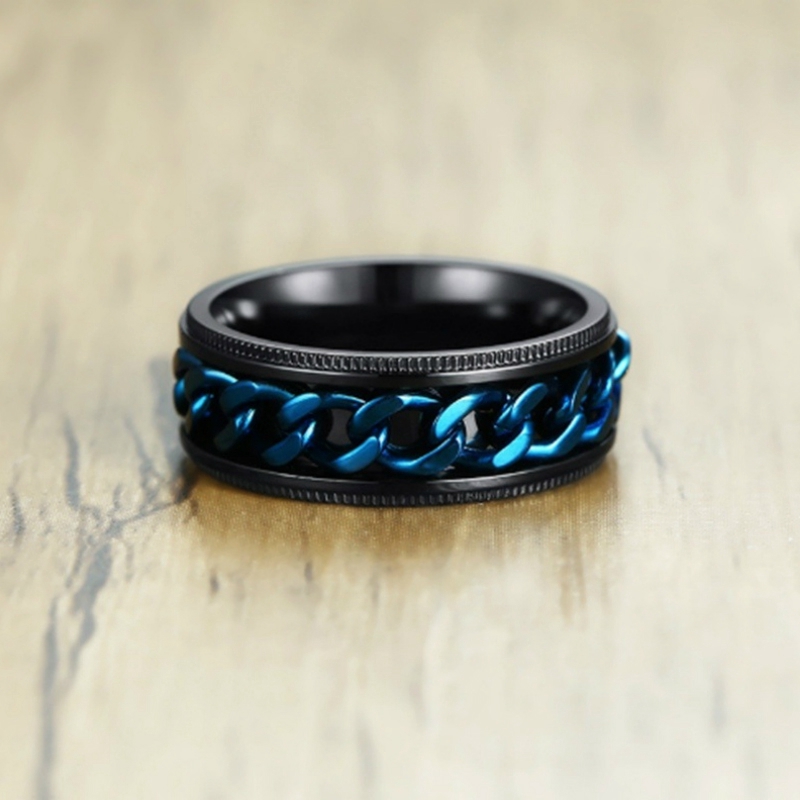 SEUSUK Men Black Rings Blue Center Curb Chain Spinner Ring Steel Reliever Wedding Band Male Jewelry