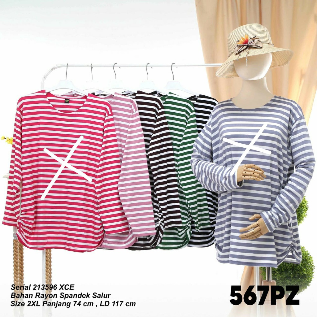 Kaos Wanita Lengan Panjang Motif Salur Lemone