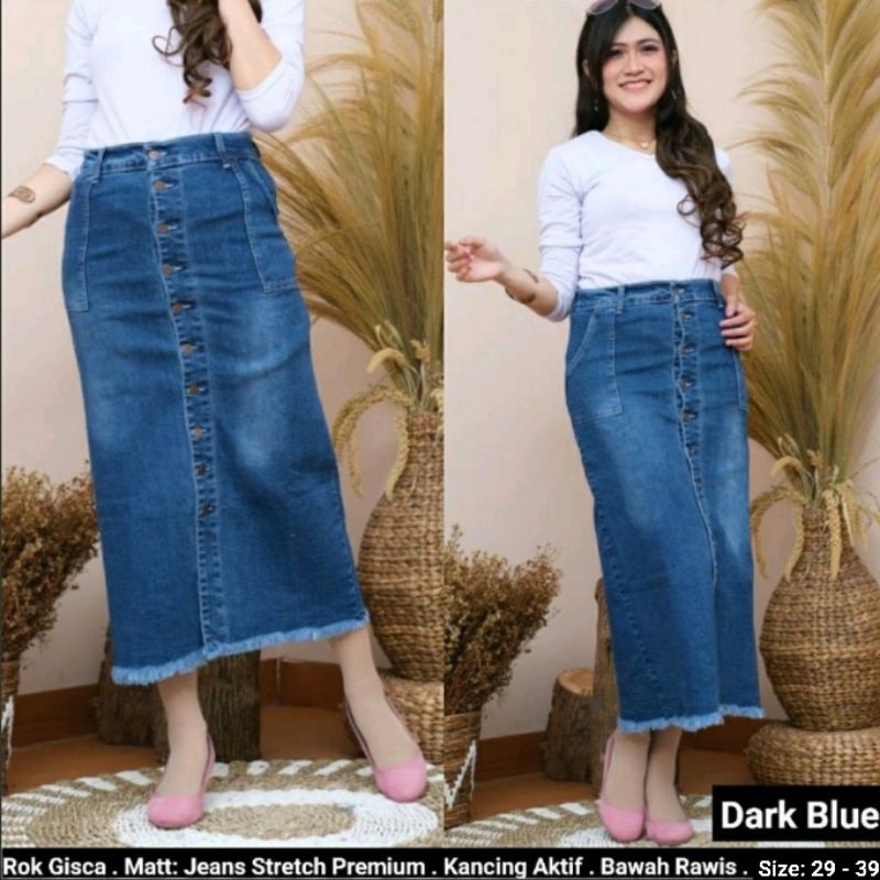 Rok Jeans Stretch Span Panjang Gisca Kancing Depan Tebal Dan Melar-Dark Blue