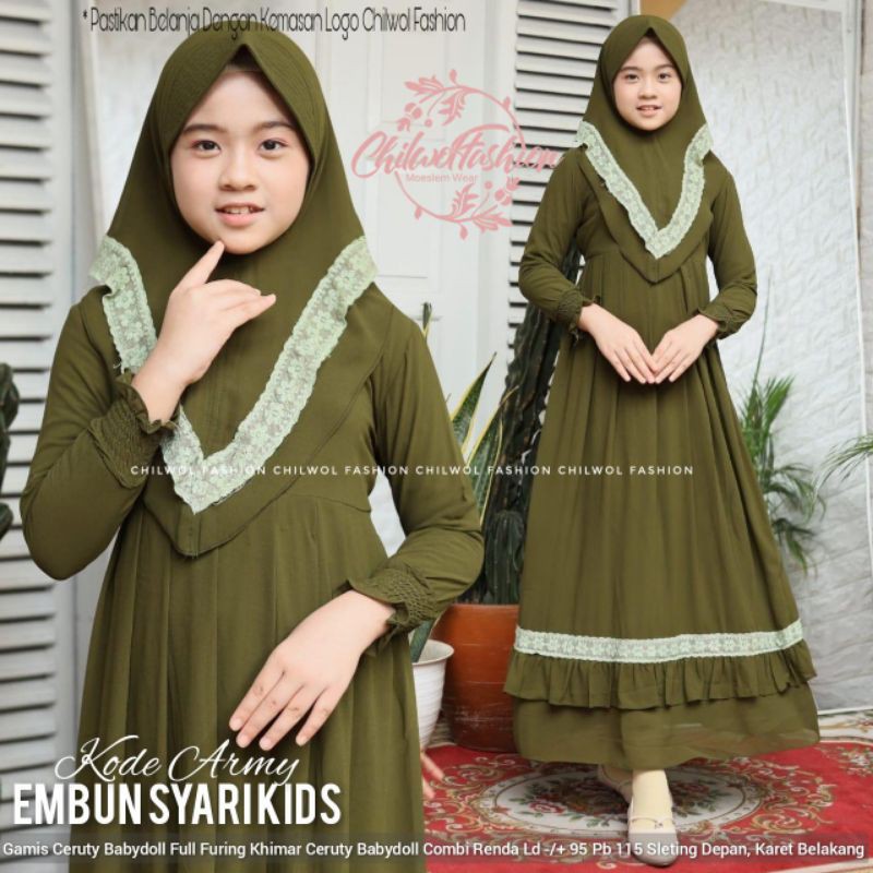 SETELAN GAMIS SYAR'I ANAK MUSLIMAH CERUTY BABYDOLL USIA 9-12TH/ EMBUN SYARI KIDS BY CHIL FASHION HQ