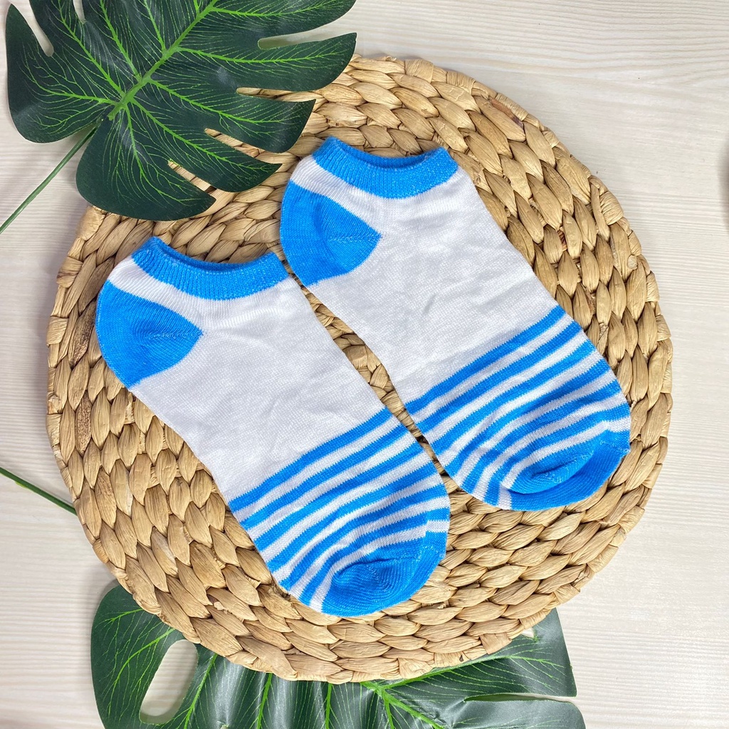 HC Kaos Kaki Ankle Polos Wanita KaosKaki Pendek Korea Murah Short Socks Kaos Kaki Motif Love Garis Murah-3 GARIS PUTIH BIRU