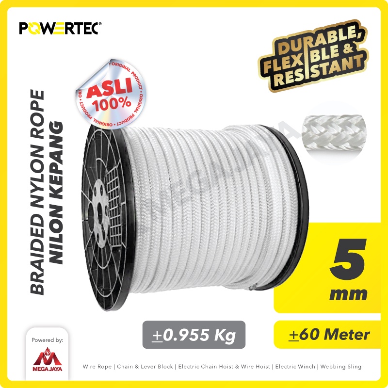 POWERTEC Tali Nilon Kepang 5mm x 60m Braided Nylon Rope