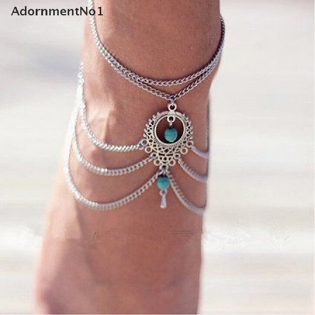 (AdornmentNo1) Gelang Kaki Rantai Gaya Boho Aksen Turquoise Untuk Perhiasan Wanita / Pantai