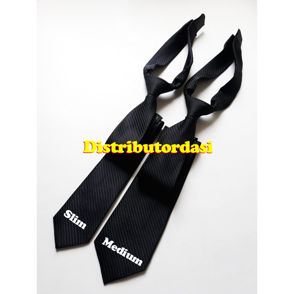 Dasi Instant Hitam Salur Slim Standart Pakai Velcro Atau Prepetan