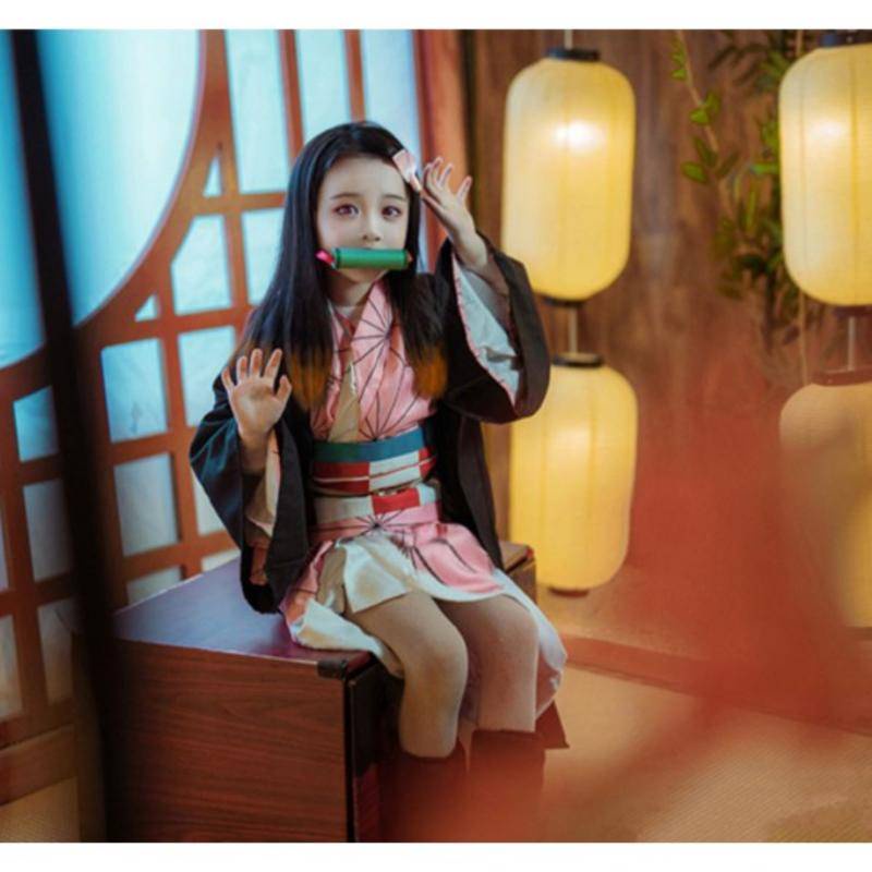 【Wetrose】 Anime Demon Slayer Kids Anak Anak Kamado Nezuko Kocho Shinobu Tanjiro Muichiro Cosplay Costumes Kimetsu no Yaiba Pink Kimono Costume Kostum