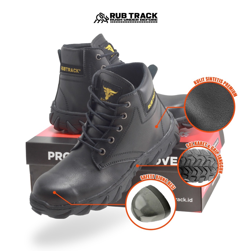 SEPATU SAFETY PRIA UJUNG BESI RUBTRACK RUBICON PERON SAFETY BOOT KERJA LAPANGAN PROYEK TOURING TRACKING NAIK GUNUNG